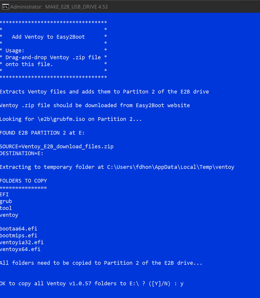 Press y to copy Ventoy files